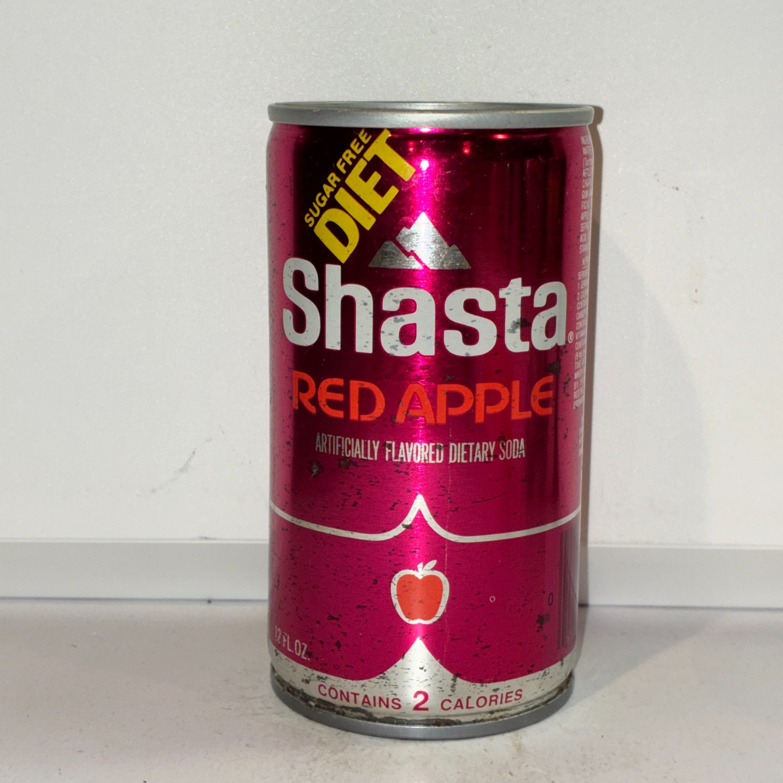 Shasta Diet Red Apple Soda can, crimped steel, bottom opened