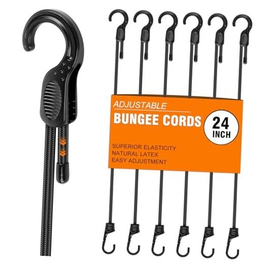 Adjustable Bungee Cords with Hooks 6 PCS Elastic Bungee Straps Easily 24 Inch