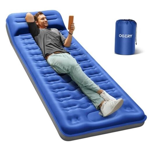 Sleeping Pad Camping, Self Inflating Pillow Built-in Foot Pump Single Blue