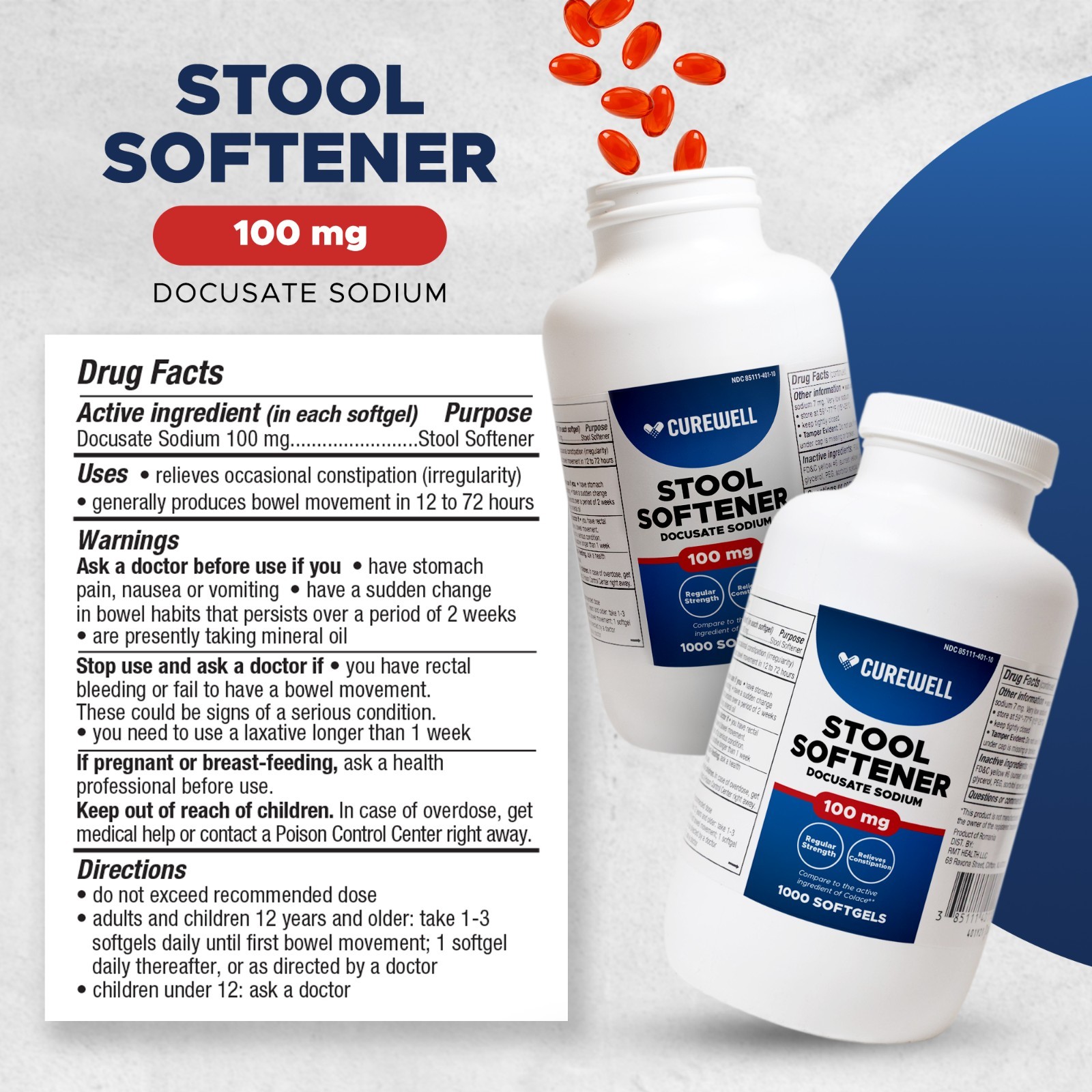 CUREWELL Stool Softener Docusate Sodium 100mg Softgels (1000 Count)