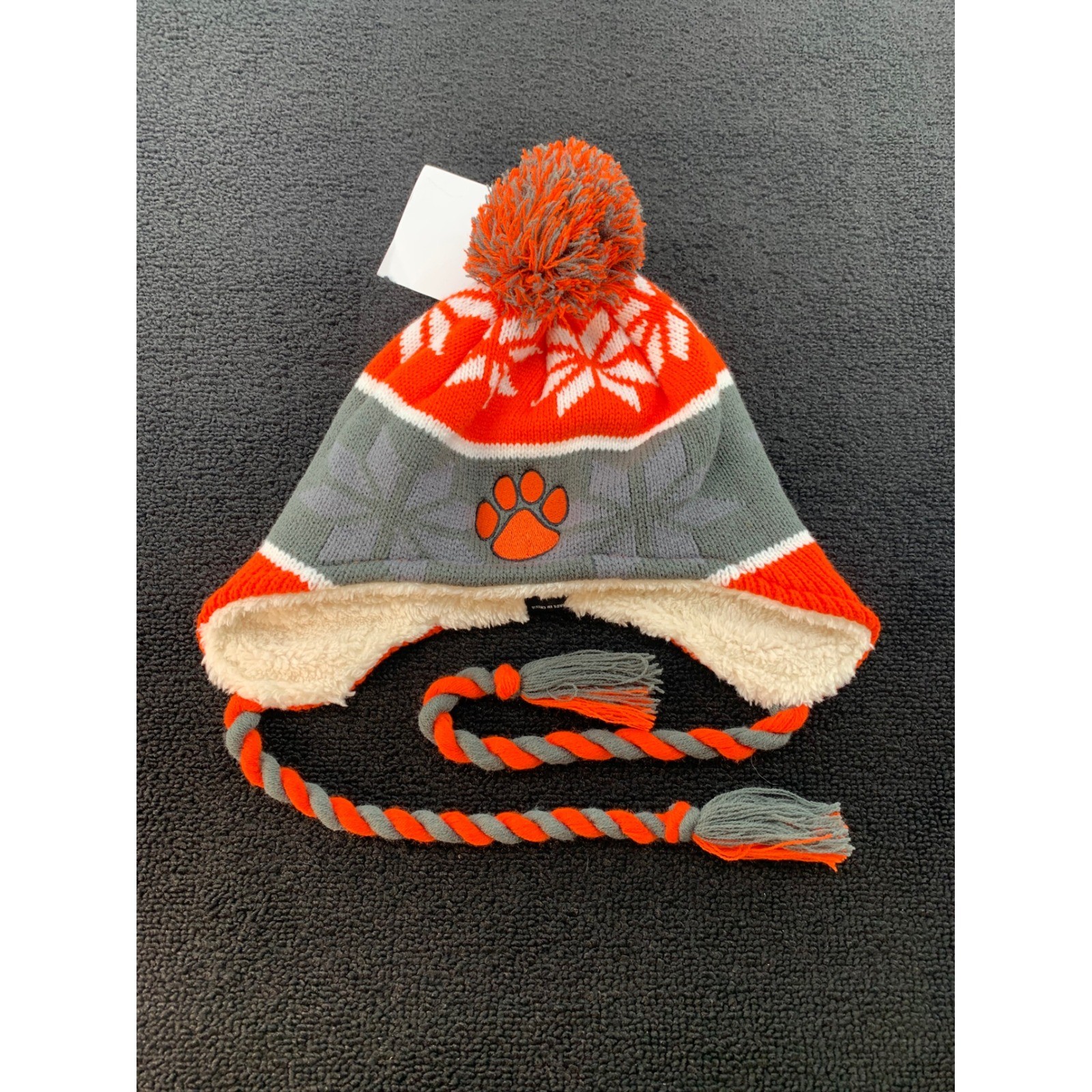 Holloway Ridge Beanie Orange Grey Snowflake Paw Sherpa Lined Pom Pom Ear Flaps