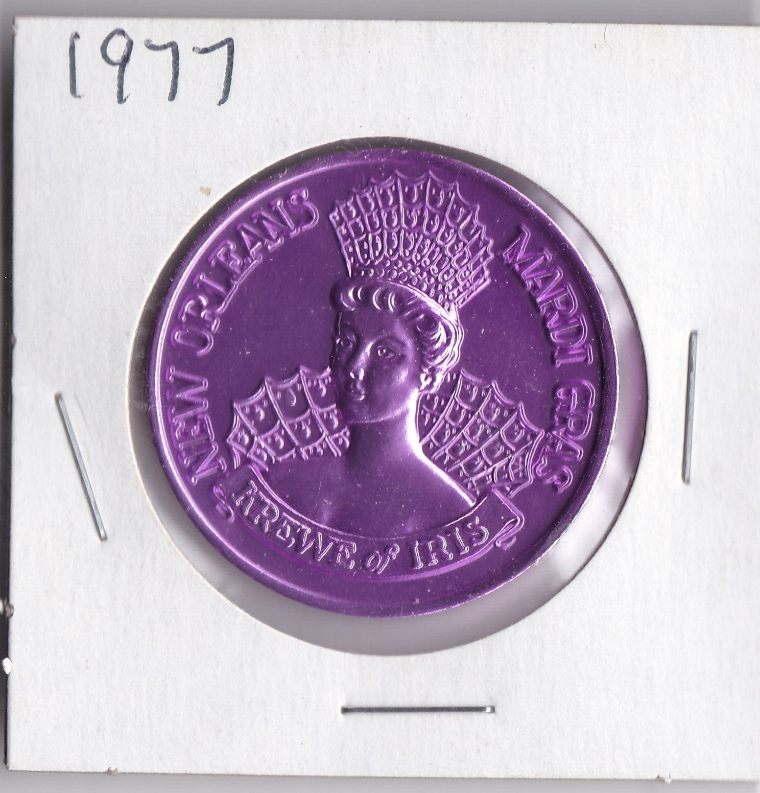 1977 Mardi Gras DOUBLOON  KREWE OF IRIS New Orleans Mardi Gras (Purple L1)