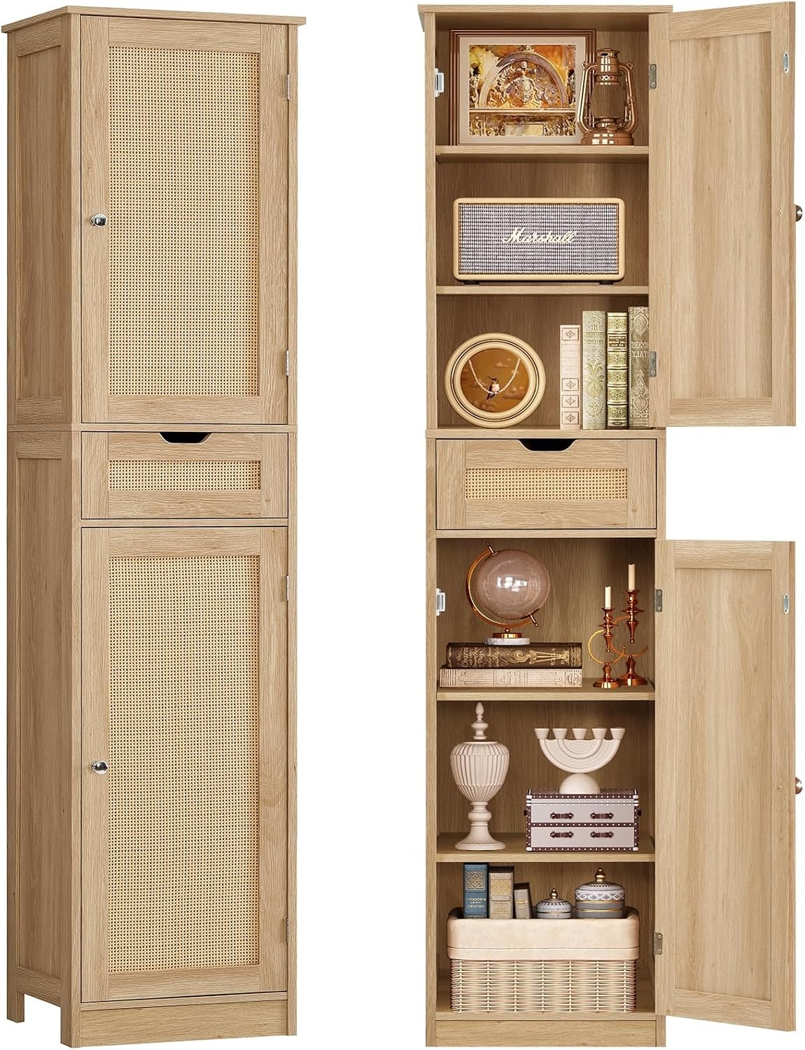 67" H Tall Storage Cabinet with 2 Rattan Doors and 1 Drawer, Narrow Rattan