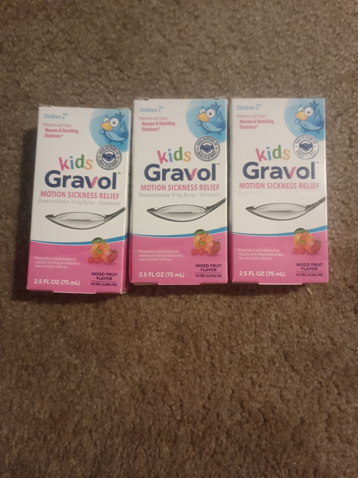 Gravol Kids Motion Sickness Relief Liquid 2.5 fl oz Lot of 3 Boxes Mixed Fruit