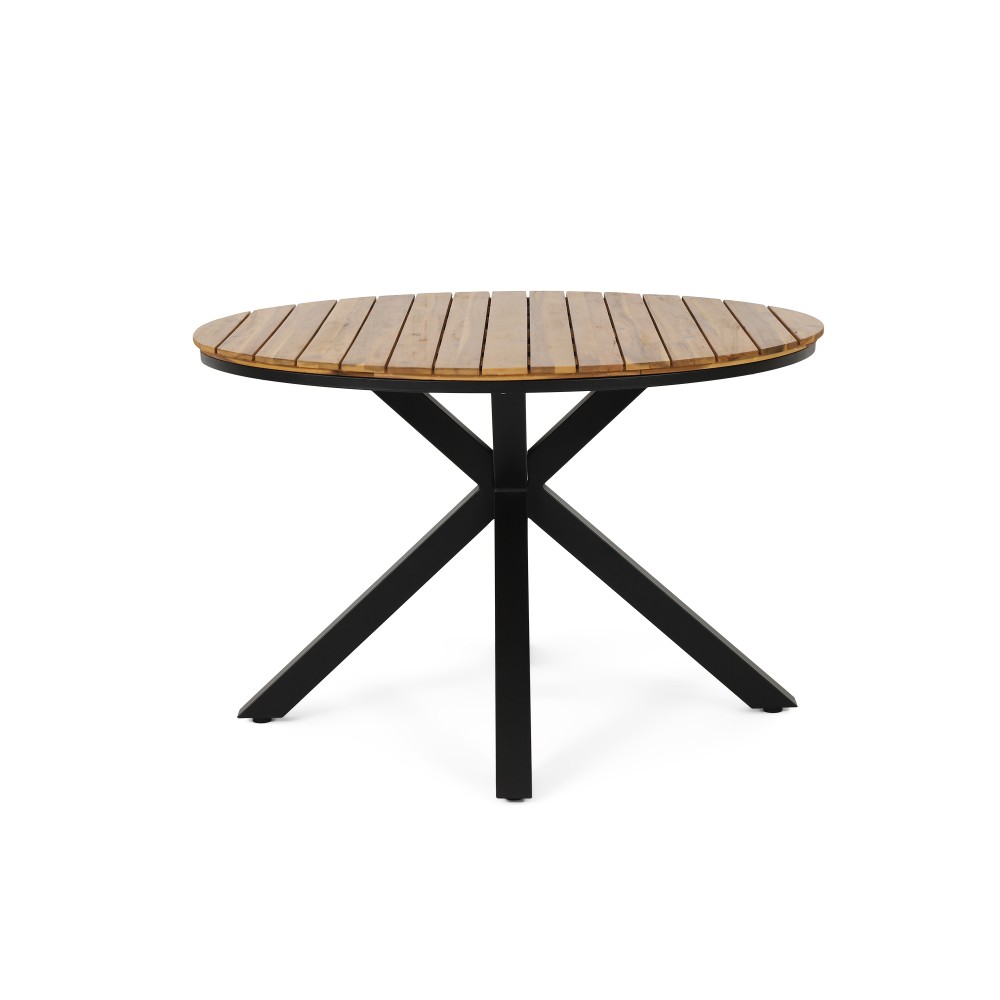Modern Industrial Round Outdoor Dining Table Acacia Wood Top Black