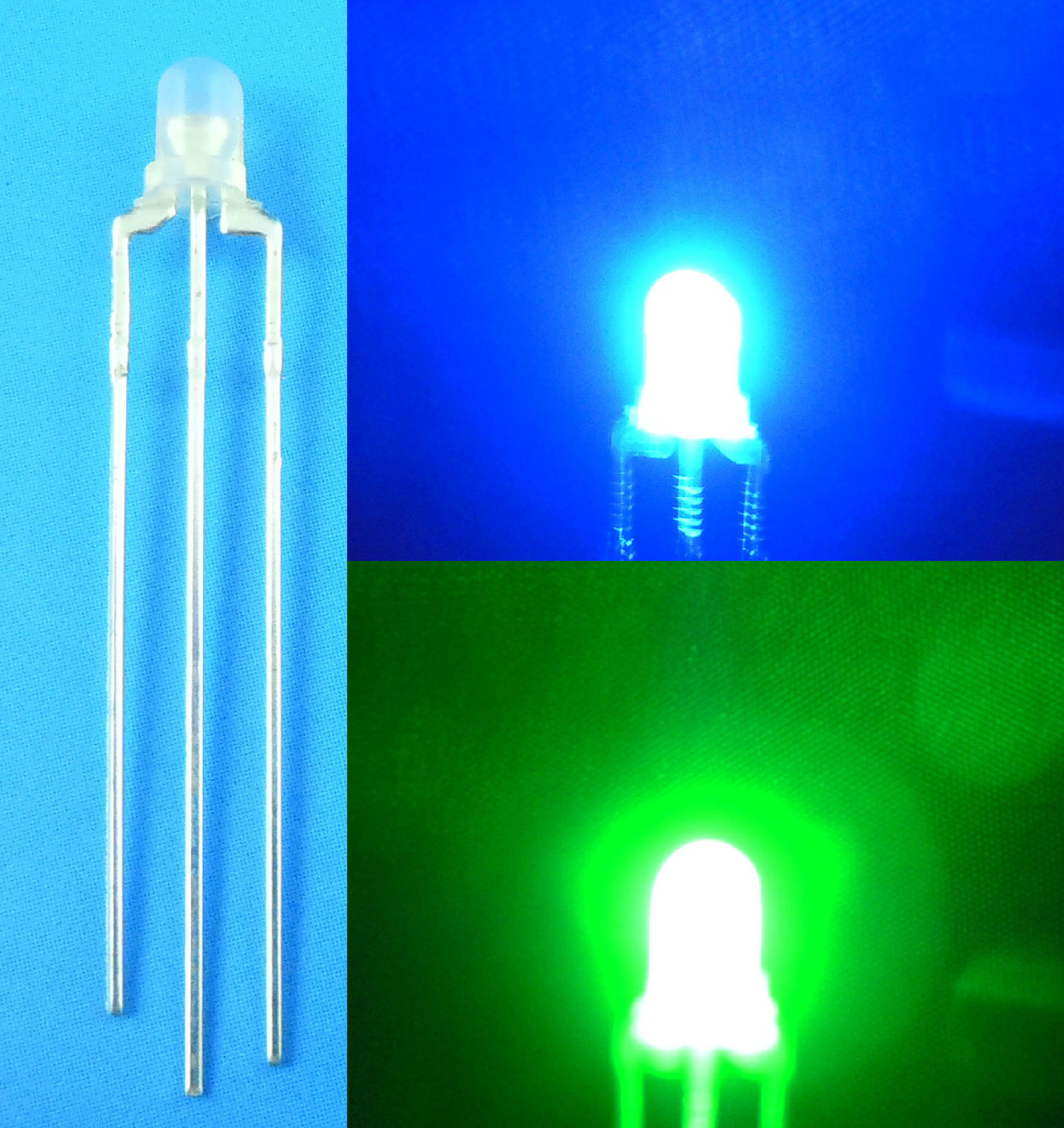 100Pcs New 3mm Dual Bi-Color Blue / Pure Green 3 Pin LED Common Cathode