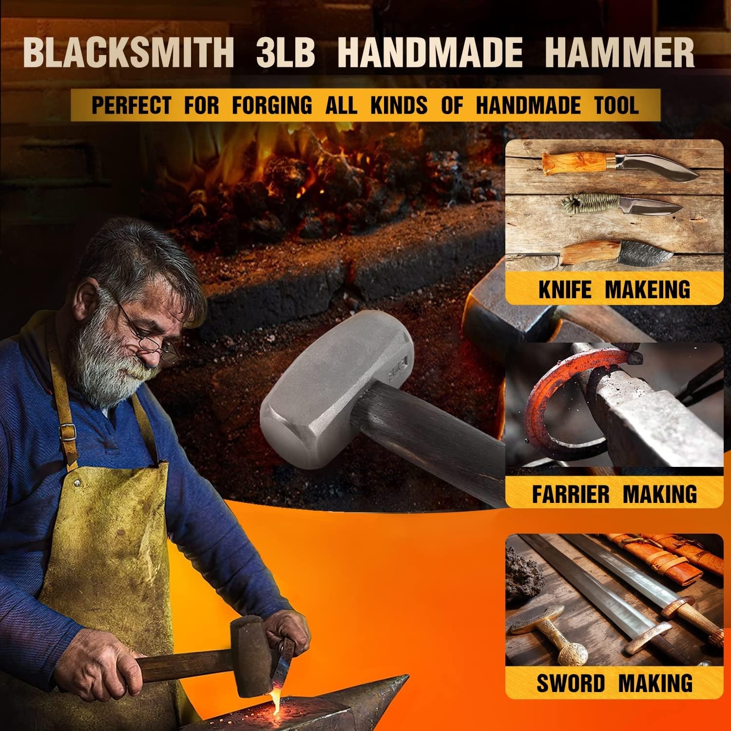 3lb Blacksmith Hammer Bladesmith Forge Metal Knife Making Working Farrier Tool