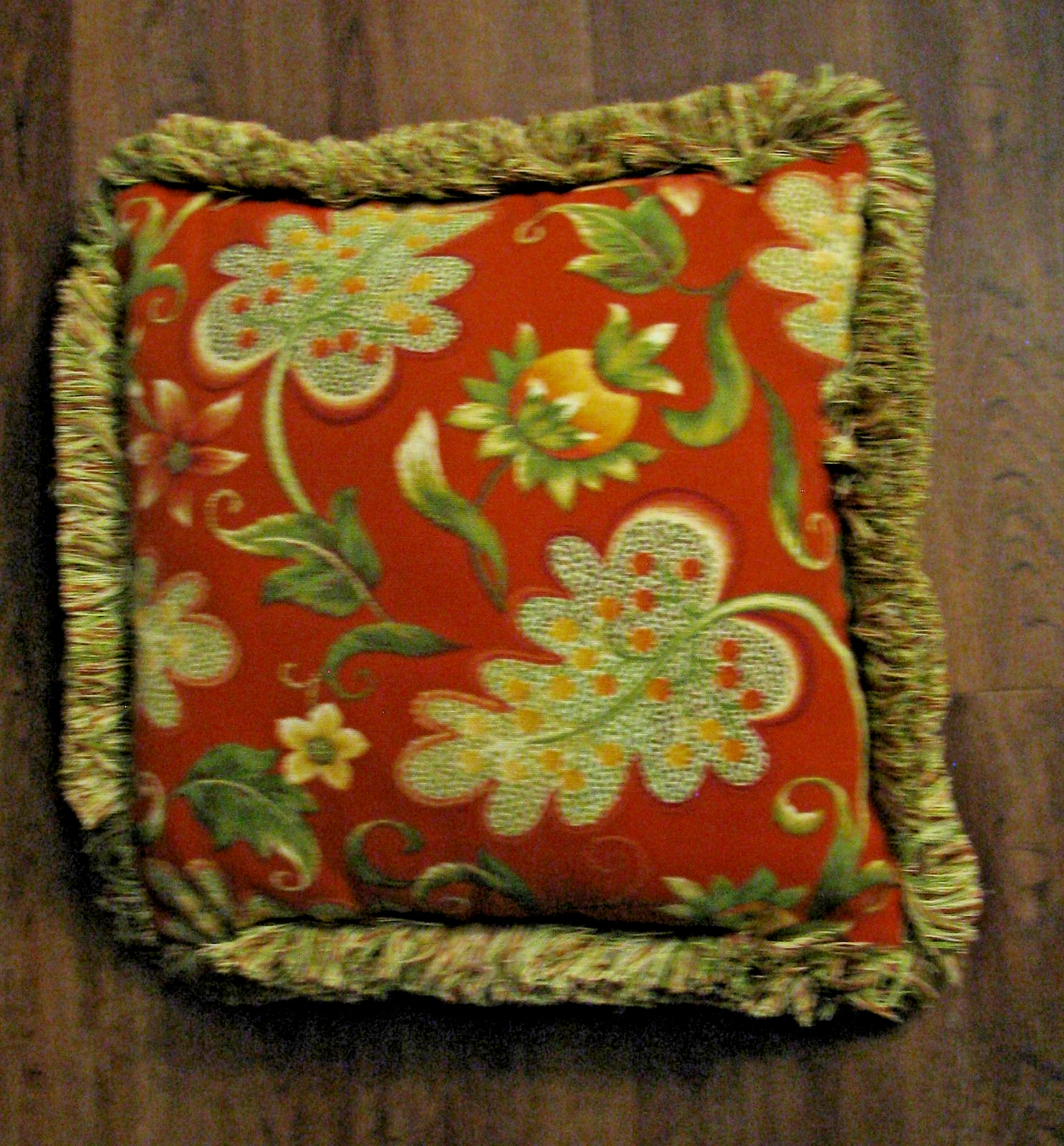 Decorative Throw Pillow, Floral Pattern, Fringe, 15" x 15" x 6.5", Brick Red