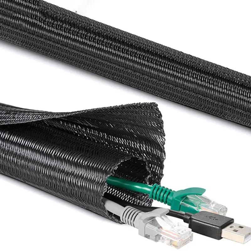 3M Black PET Braided Sleeve 19mm Wire Cable Protection Expandable Tube Organizer