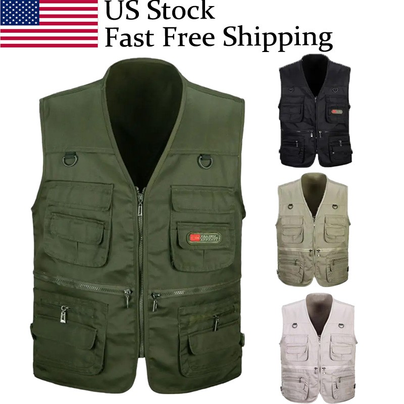 Mens Cargo Multi Pocket Utility Vest Fishing Hiking Camping Gilet Waistcoat Tops