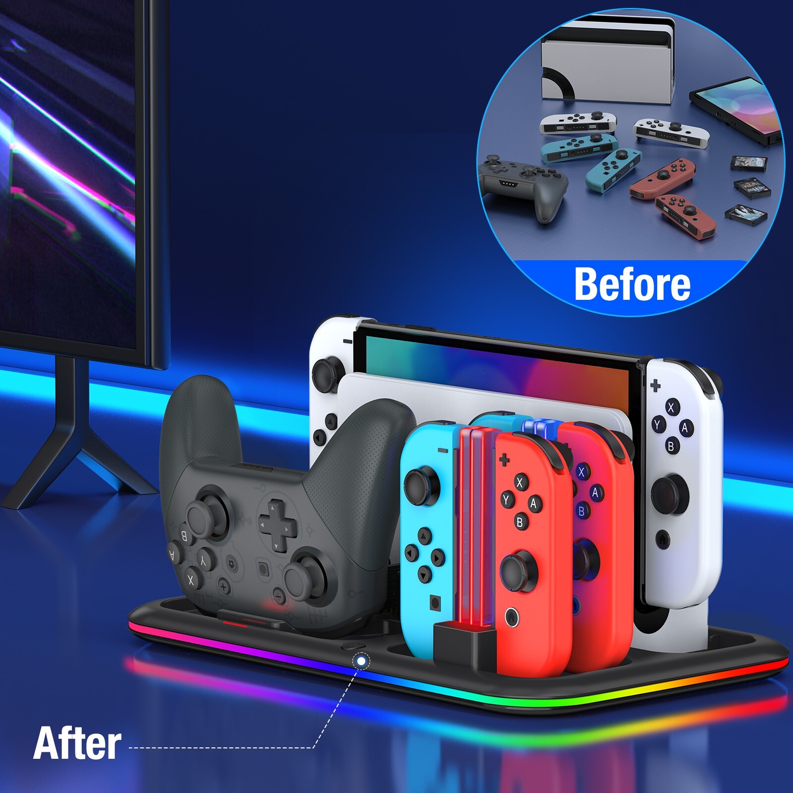Charging Dock Station LED Switch Controller Charger for Nintendo Switch/OLED