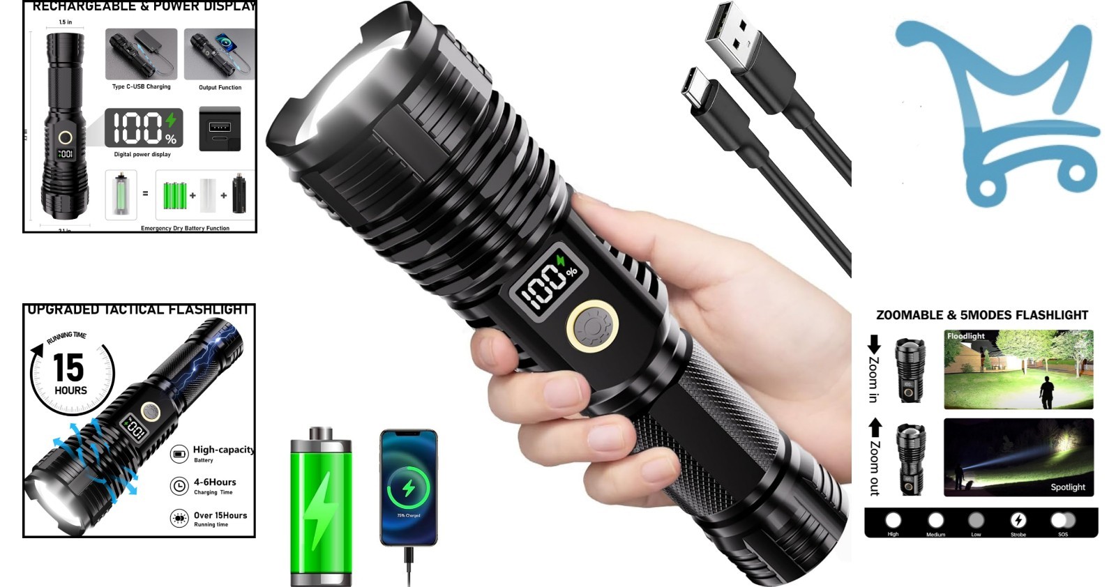 High Lumens Rechargeable LED Flashlight Waterproof Tactical Light for Camping