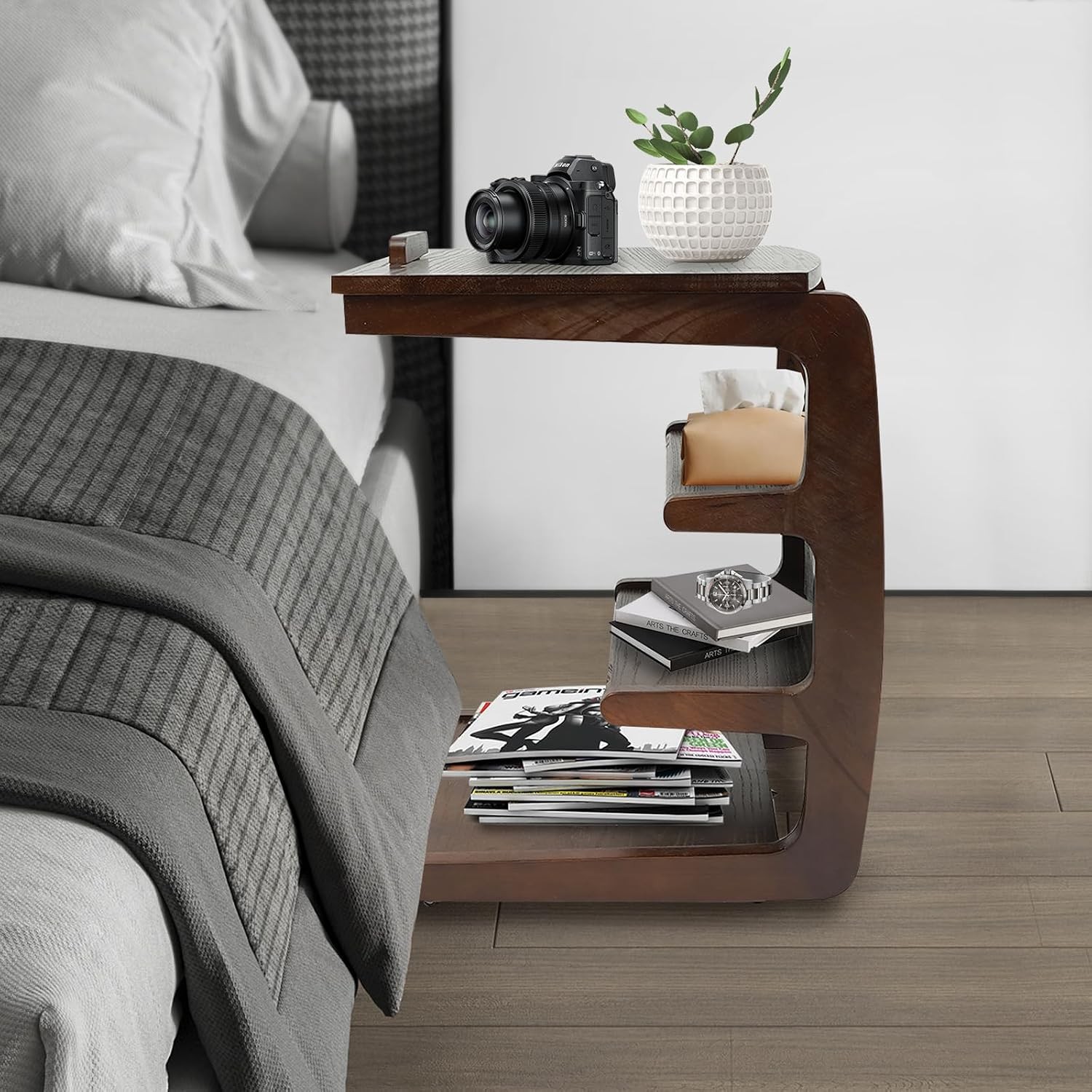 4-Tier C-Shaped End Table w/ Wheels End Table w/ Concealed Storage Compartment