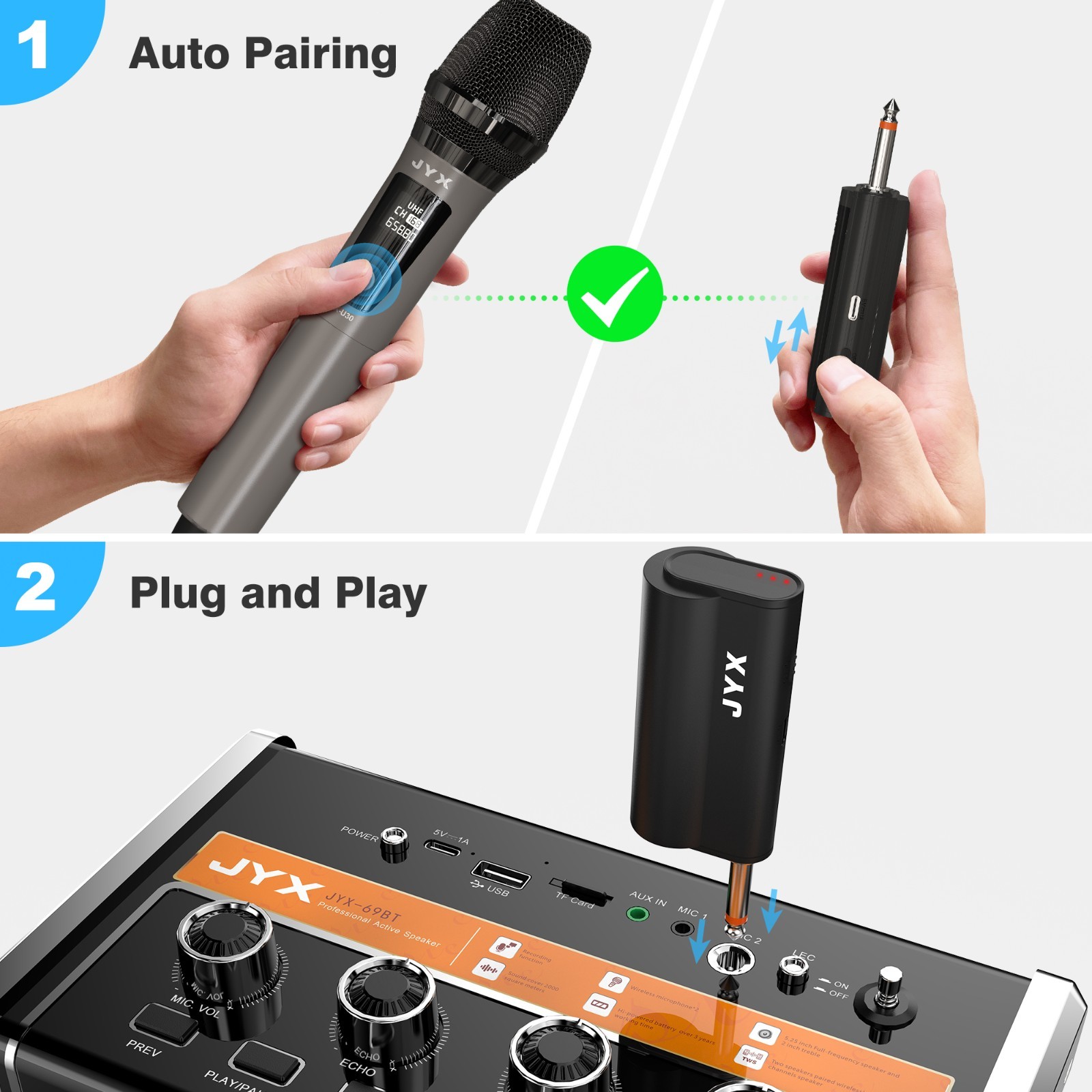 JYX UHF Dual Wireless Mic Set, Rechargeable,50M Range,Karaoke, Speech, PA System