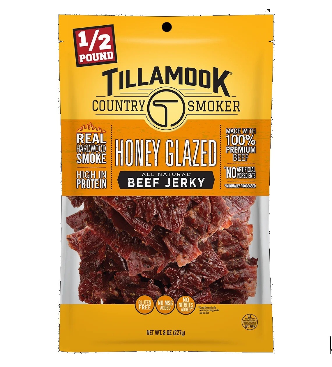 Tillamook Country Smoker,Real Hardwood Smoked Honey Glazed Beef Jerky,8 oz Bag.