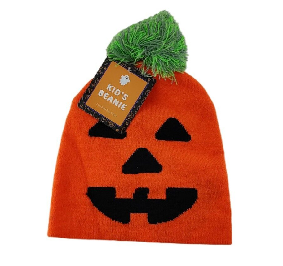Halloween Kid’s Beanie Hat Cap Jack O Lantern Orange Black Pom Pom One Size New