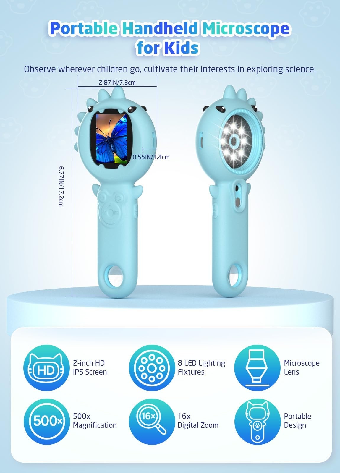 Kids Microscope Camera, 500X Handheld 2" IPS Screen, Blue Dinosaur | 2-in-1...