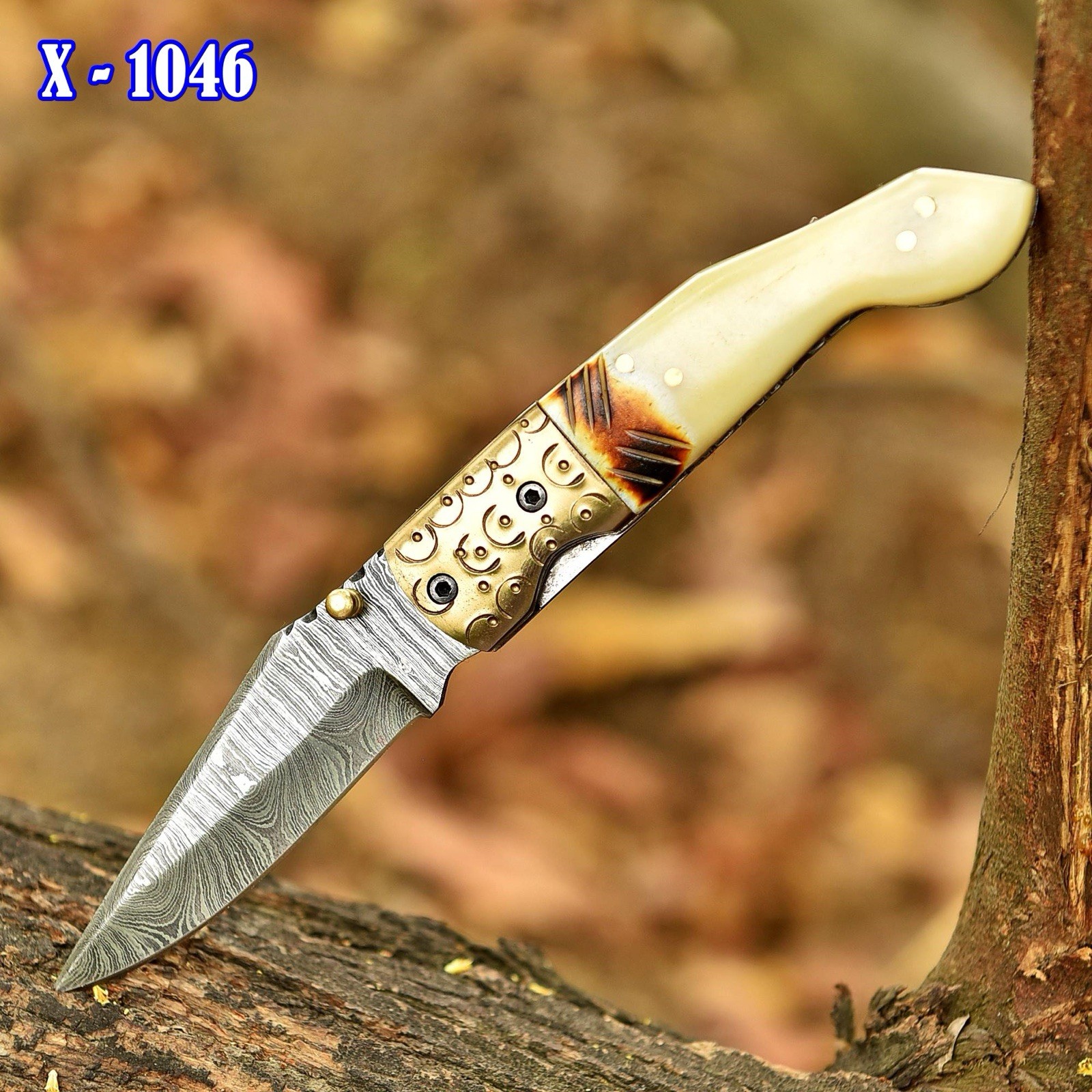Vintage Handmade Damascus Folding Blade Pocket Knife Viking - Camel Bone Handle