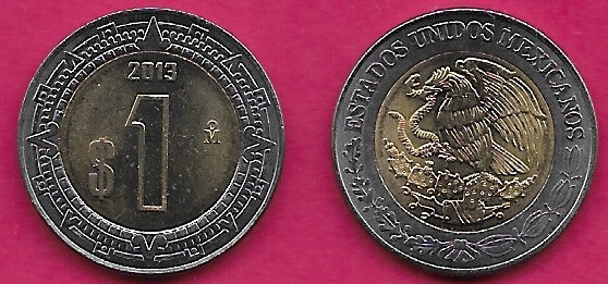 MEXICO 1 PESO 2013 UNC THE NATIONAL EMBLEM OF MEXICO DEPICTING A MEXICAN EAGLE p