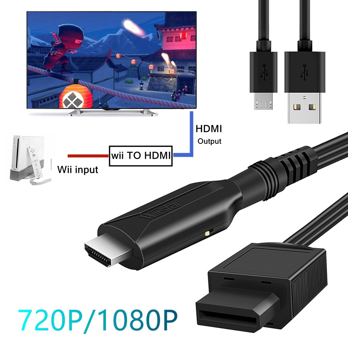 Game Conversion Cord For Wii to HDMI Adapter Converter w/USB Cable High Speed US