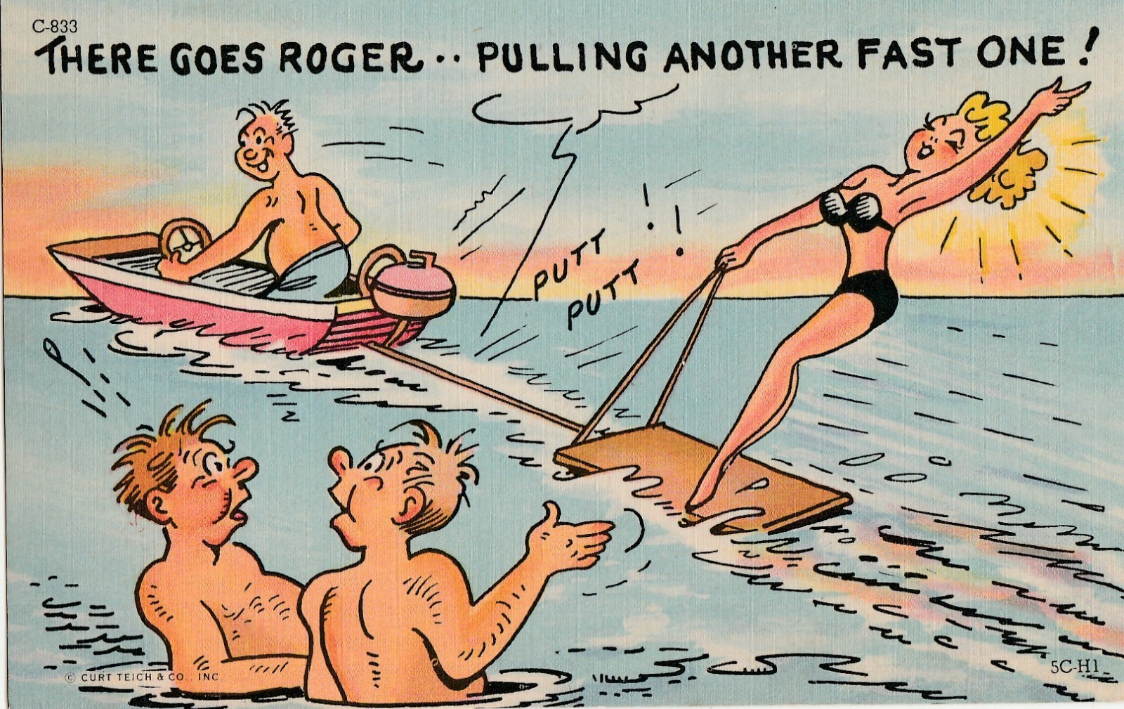 Risque humor Linen Curteich C.T. Art Colortone postcards c1955