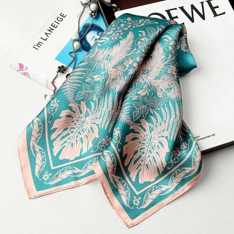 100% Silk Scarf Women Vintage Green Flower Kerchief Square Bandana Wrap 68*68cm