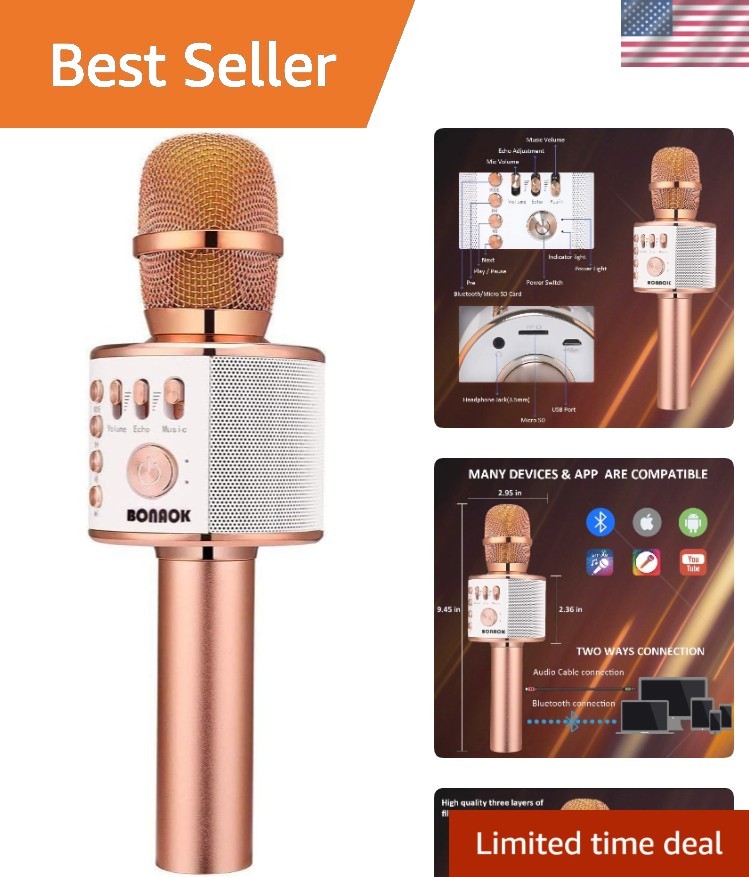 Portable Rose Gold Karaoke Mic - Bluetooth Speaker & Recorder for All Devices