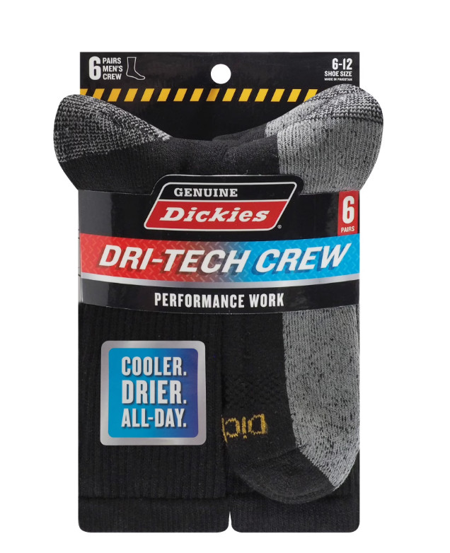 6 Pack Genuine Dickies Mens Dritech Crew Socks Moisture Control Black Size 6-12