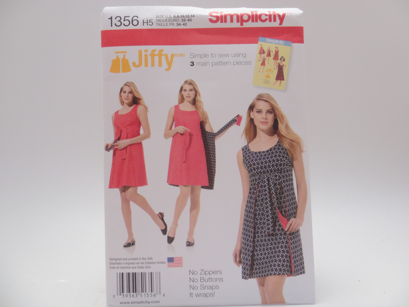 Simplicity 1356, Jiffy 3 Main Pattern Pieces Reversible Wrap Dress Retro Pattern