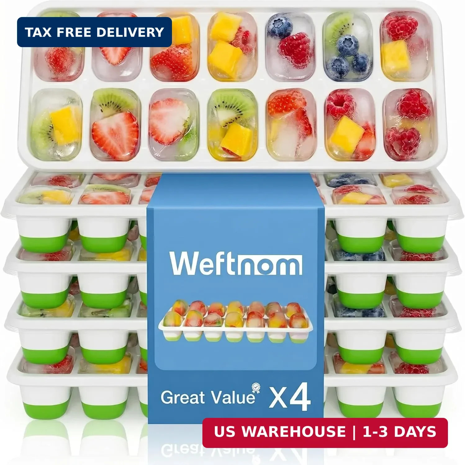 Ice Cube Trays with Lids for Freezer, 4 Pack Silicone Set, 56 Cubes | Easy-relea