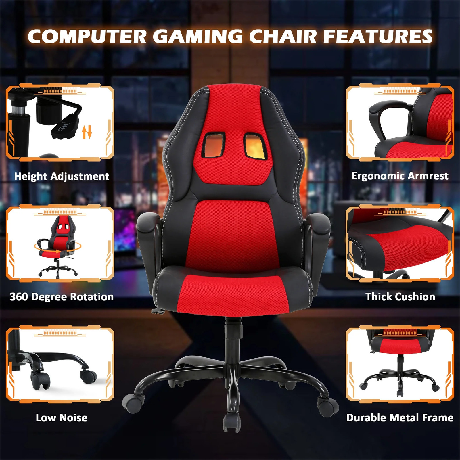 Ergonomic PC Gaming Chair PU Leather with Headrest Lumbar Support Red