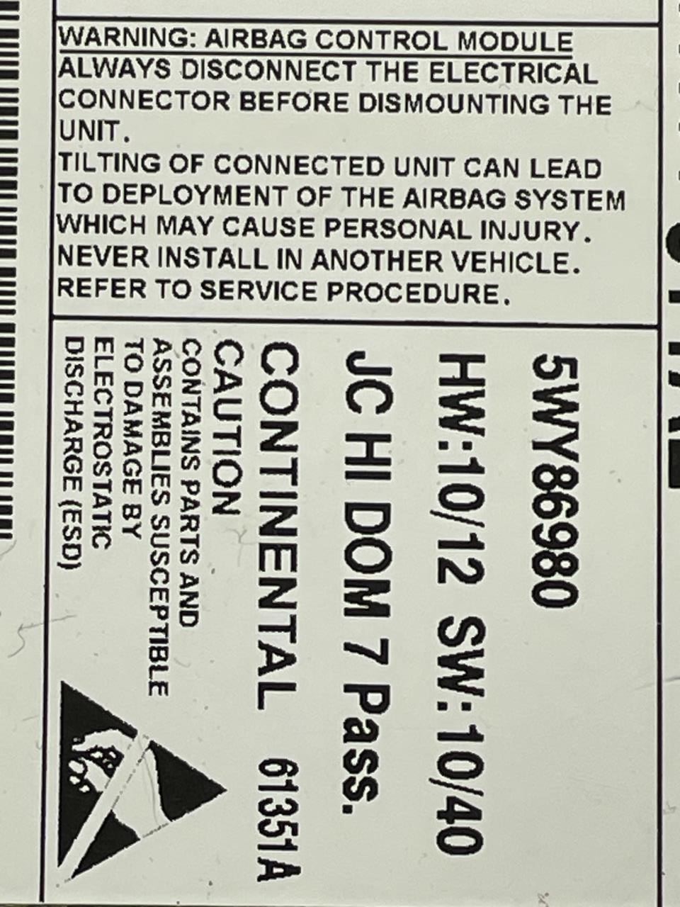 2012 DODGE JOURNEY BAG CONTROL MODULE OEM+