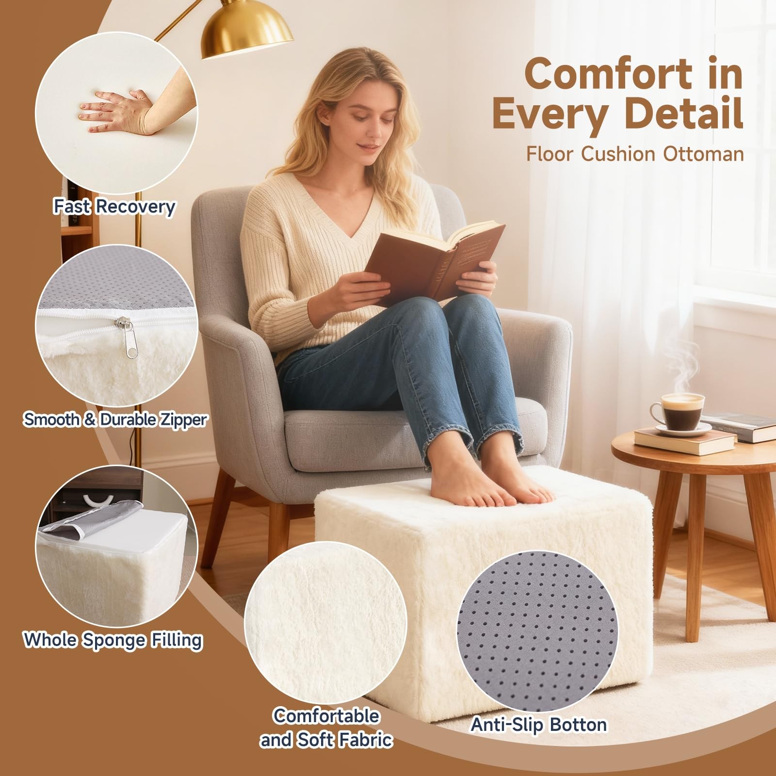 Square Stuffed Pouf Ottoman, Plush Poufs with Foam Chunk Filling, Foot Rest S...