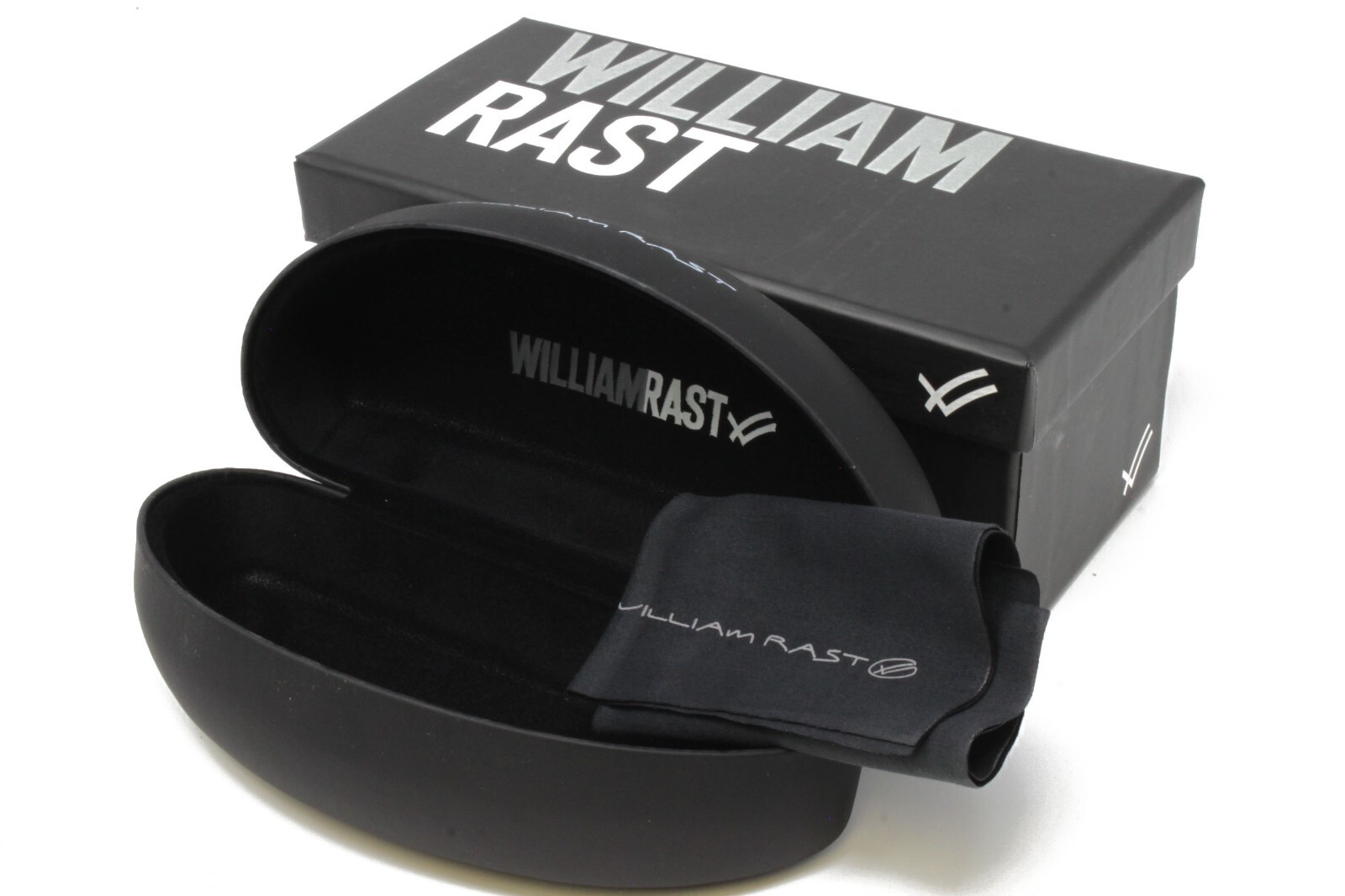WILLIAM RAST LARGE HARD BLACK SUNGLASSES CASE WITH BOX & CLEANING CLOTH