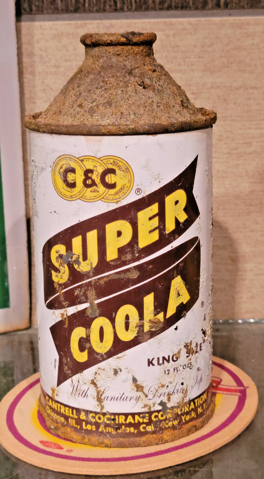 1950S C&C SUPER COOLA CONE TOP SODA CAN CANTRELL & COCHRANE 3 CITY CHICAGO 12OZ