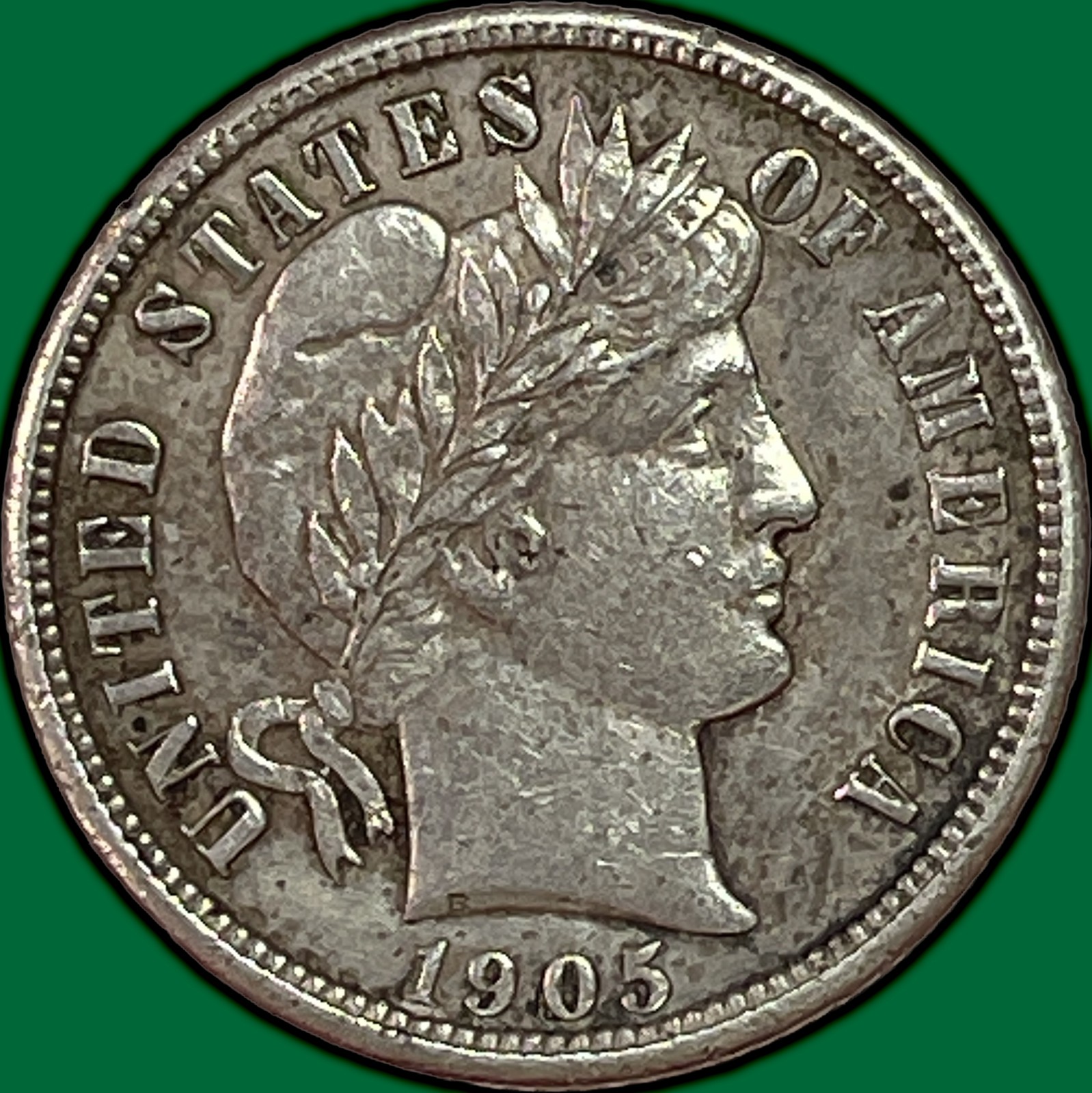 1905 Barber Dime Almost Uncirculated AU Coin, Faint Cleaning #39320