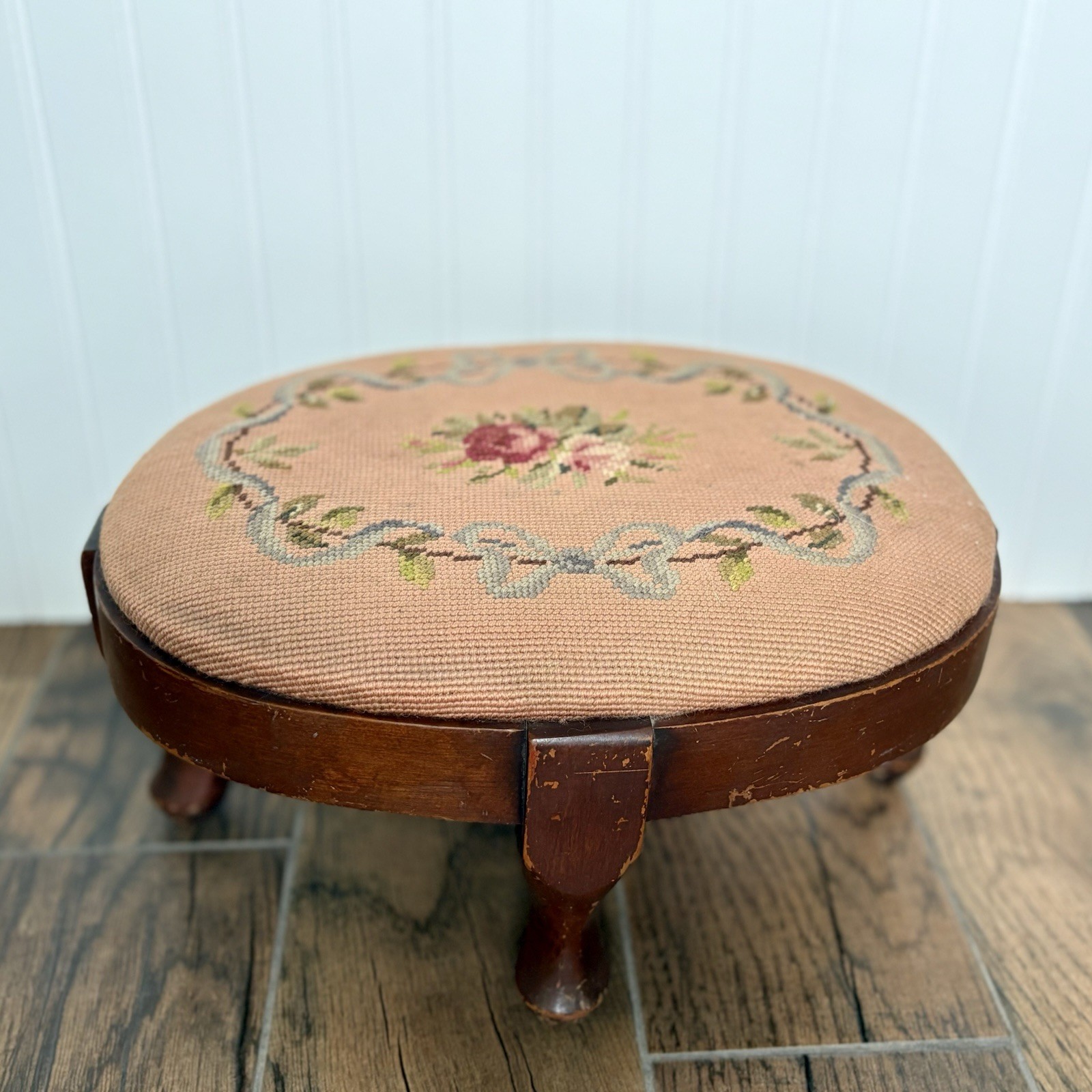 Vintage Victorian Style Pink Needlepoint Floral Footstool Stool Wood Legs