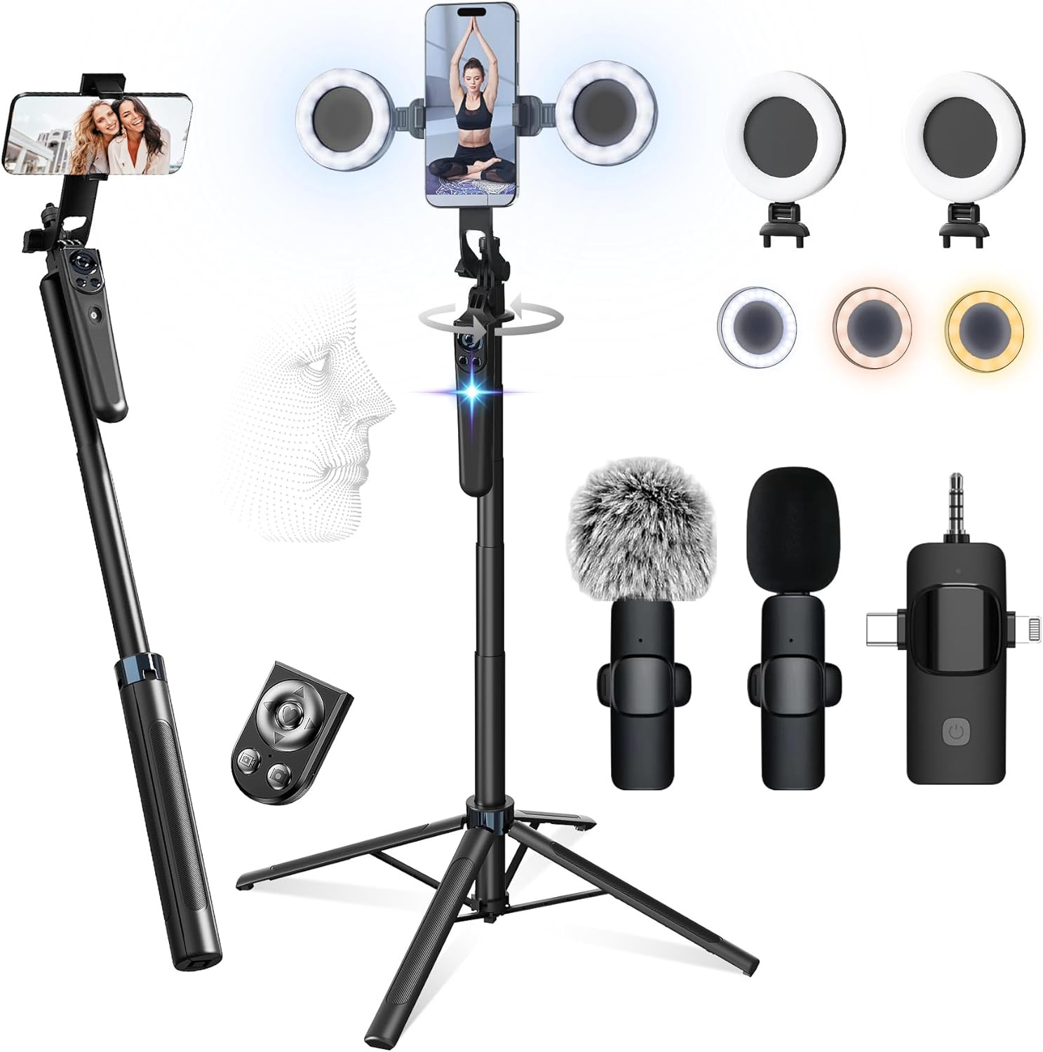 71" Content Creator Essentials Vlogging Kit - 2 Lights & 2 Mics, 360° Rotating A