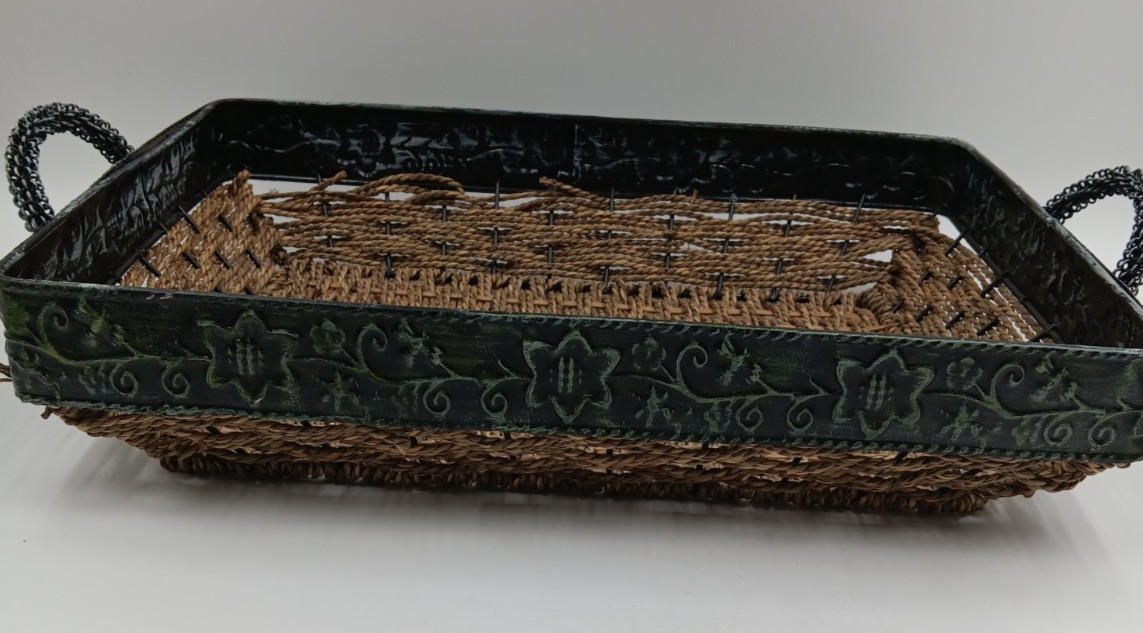 Metal & Wicker Rectangle Decorative Basket with Handles 15”L X 11”W