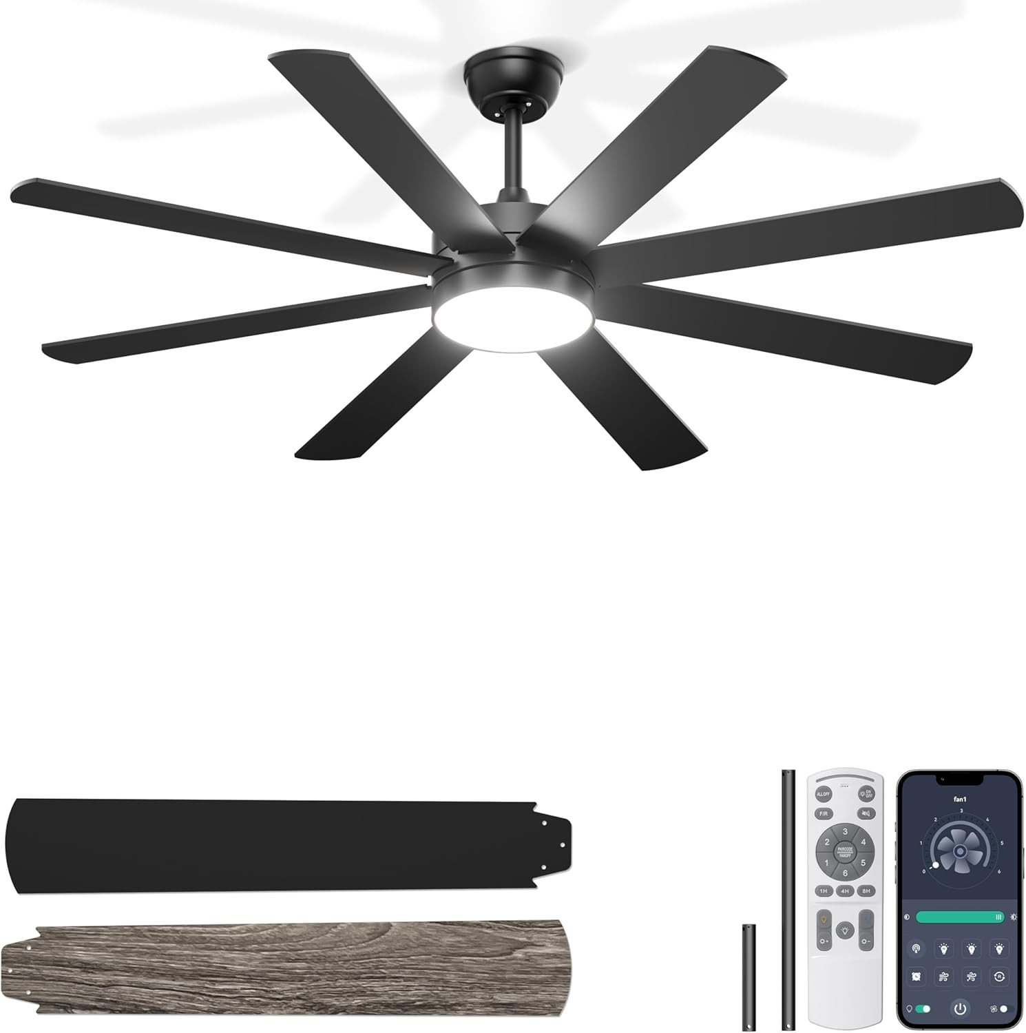 60'' Ceiling Fans with Lights - Modern Black Ceiling Fan Remote/App Control, Dim