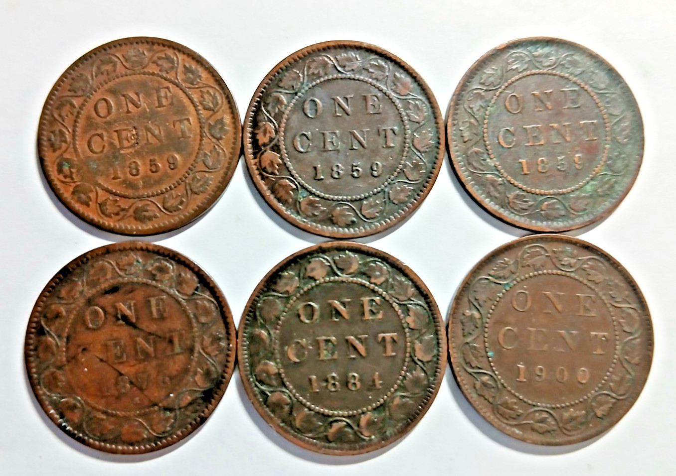 lot of 6 one cent Canada coins  Victoria 1859(3) 1876-H 1884 1900