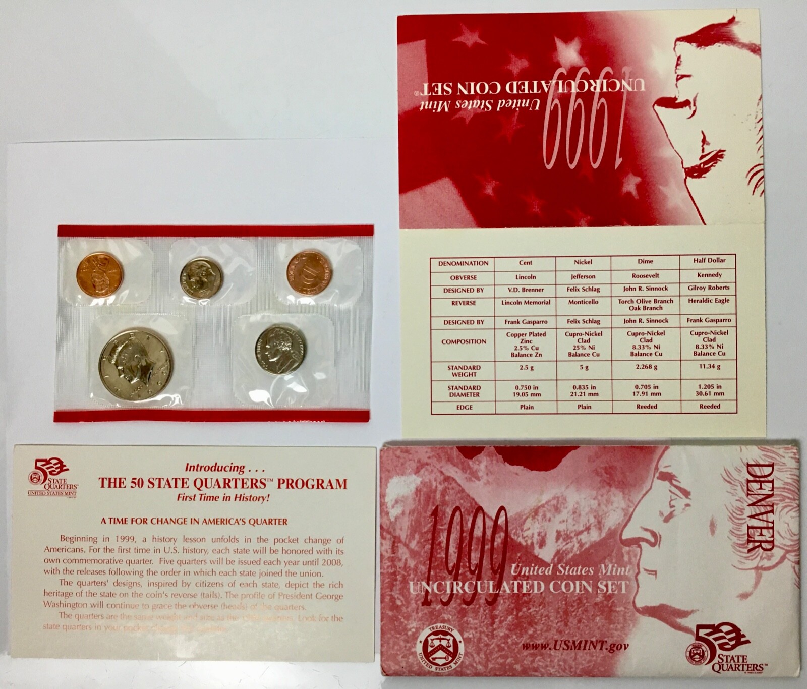 *US MINT* unc. 4 coins o.g.p. "1999-D MINT SET"