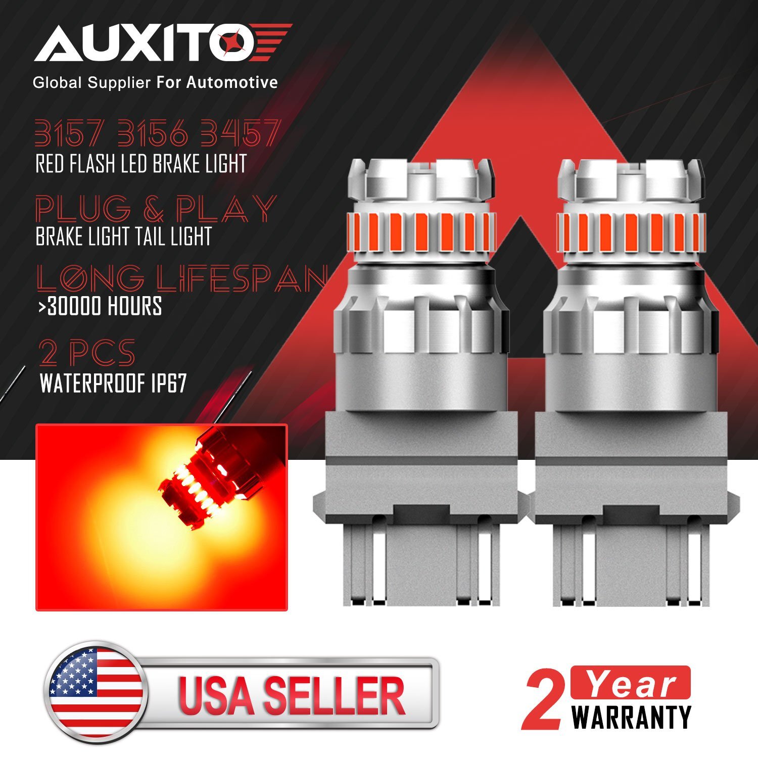 AUXITO 3157 Red LED Strobe Flashing Blinking Brake Stop Tail Light Parking Bulb