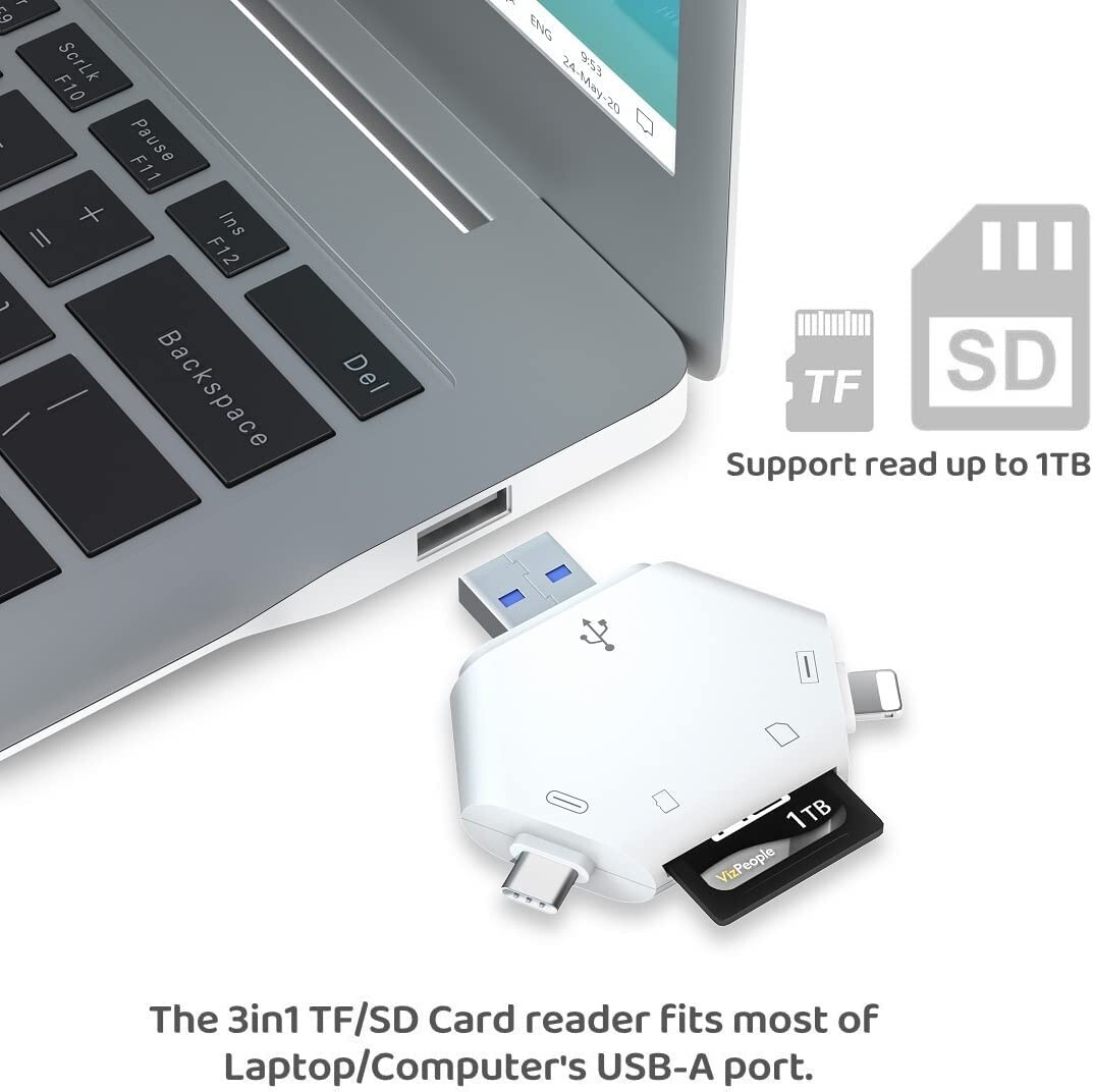 3-in-1 Memory Card Reader for iPhone/iPad, USB C and USB A Devices Support SD/TF