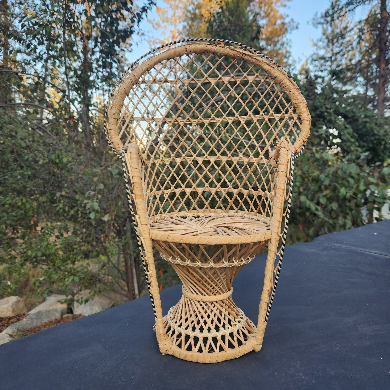 Vtg Peacock Fan Back Rattan Chair 16” Plant Stand Wicker Boho