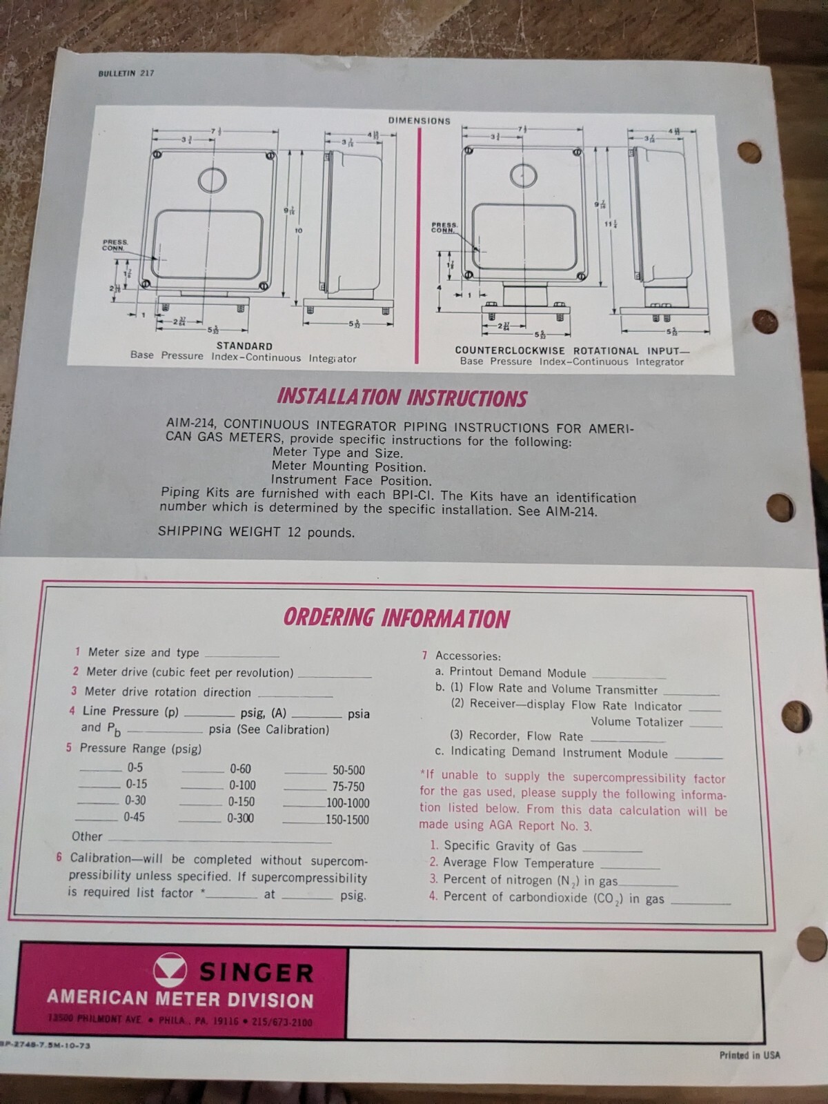 SINGER American Meter Division. International Base Pressure Index Catalog