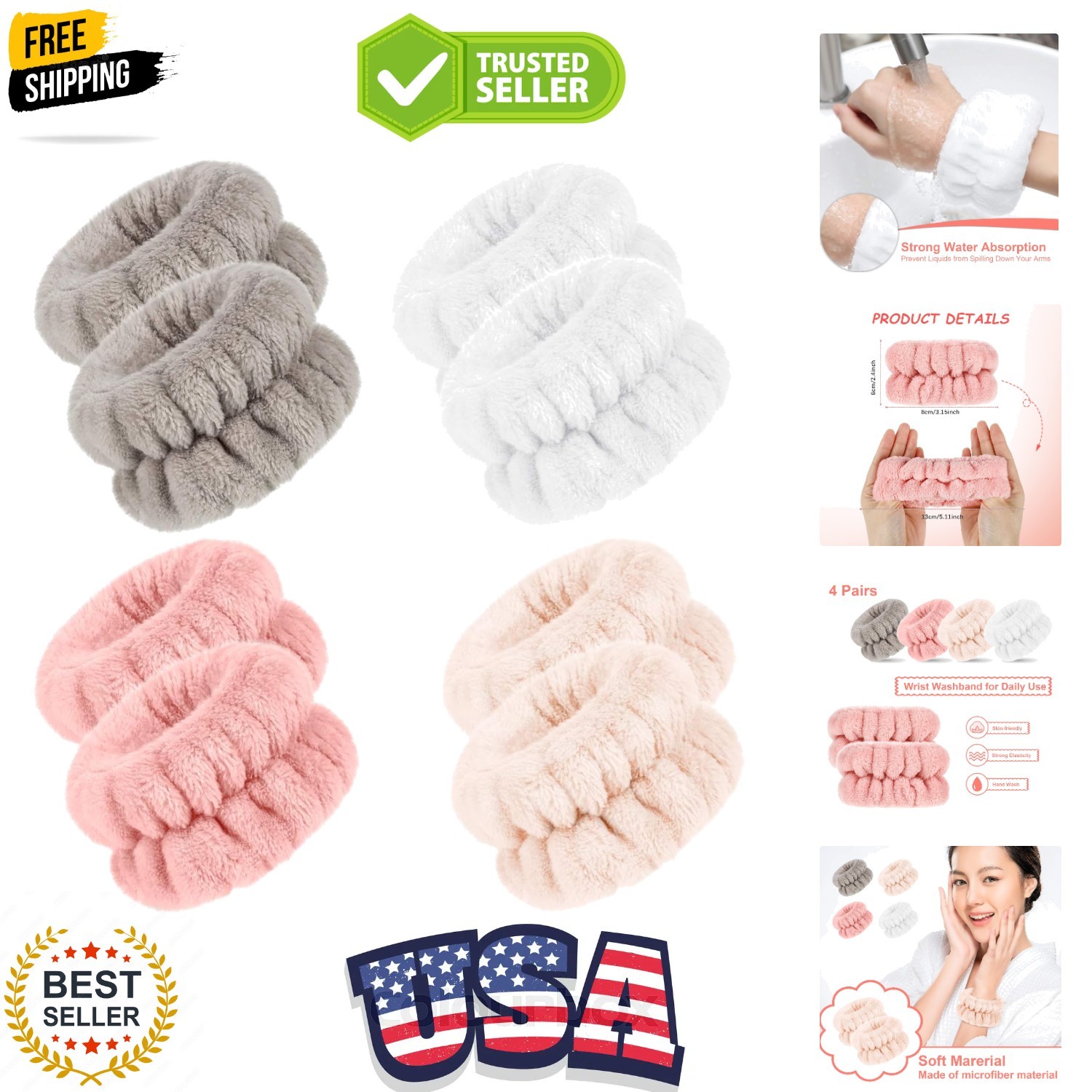 4 Pairs Wrist Bands for Washing Face Wrist Spa Microfiber Wash Towel Band Scr...