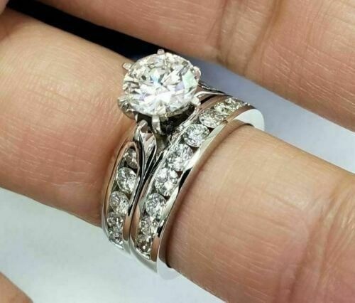 Round Cut 2.10 Ct Diamond Lab-Created Engagement Ring Set 925 Sterling Silver