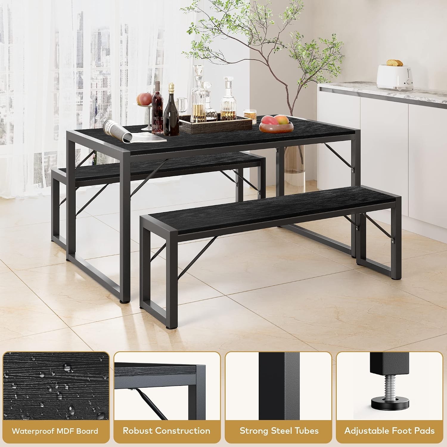 45.5" Dining Table Set for 4 with 2 Benches Kitchen Table Set with Metal Frame