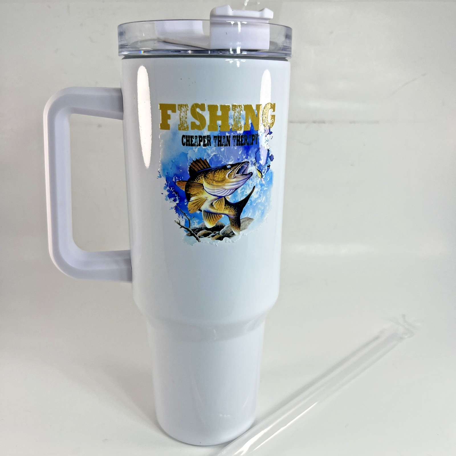 Fishing Travel Tumbler 30oz Stainless Steel Handle Straw Lid Outdoor